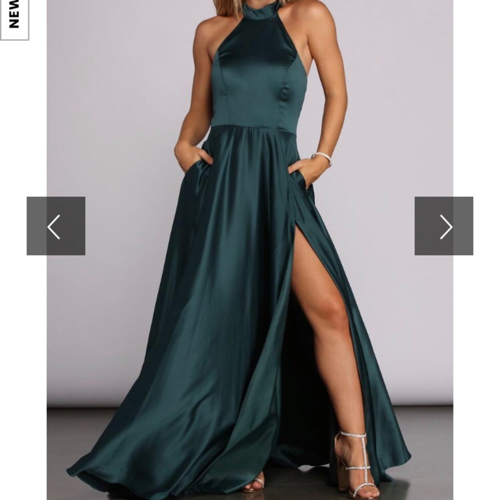 Halter Satin Maxi Dress with a Slit in Forest Green (hemmed for 5’ 5” - 5’ 6”)